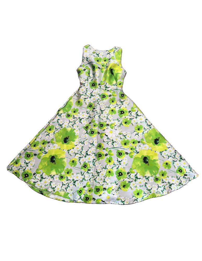 Chic A-Line mid- length neon green and yellow flower dress