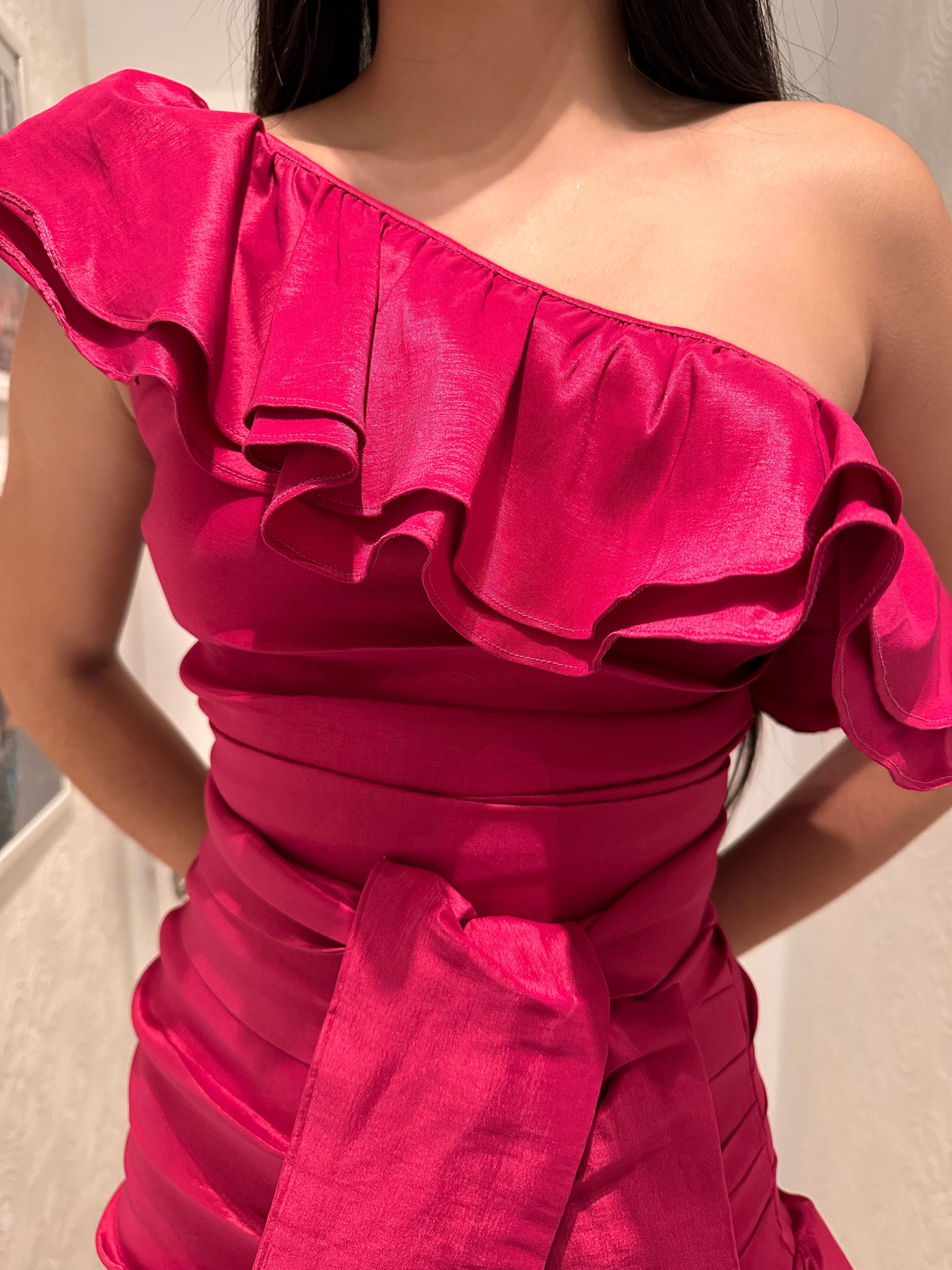 Hot pink one sleeve ruffle dress